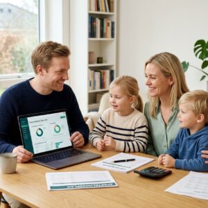 Familie med børn der kigger på økonomi