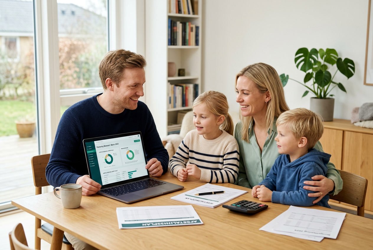 Familie med børn der kigger på økonomi